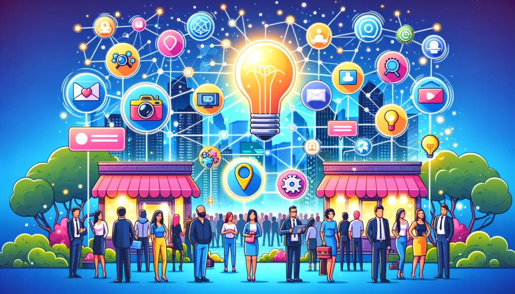 a cartoon vector illustration representing a bustling digital marketplace with diverse entrepreneurs and their virtual shops, set against a vibrant digital cityscape.