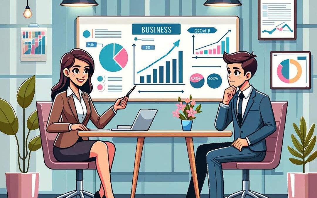 A business coach and a client discussing strategies at a table in a modern office setting with a whiteboard showing growth charts.