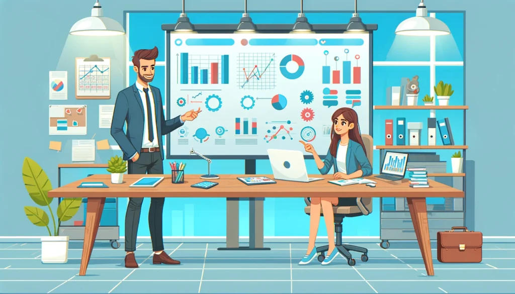 Cartoony vector illustration of a business coach and a business owner discussing strategies over a desk in a modern office.